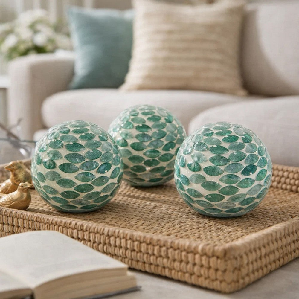 Sunny Decorative Ball Set of 3 | Capiz Shell Details | Green Ceramic 12"