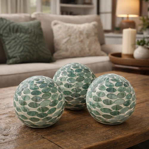 Sunny Decorative Ball Set of 3 | Capiz Shell Details | Green Ceramic 12"