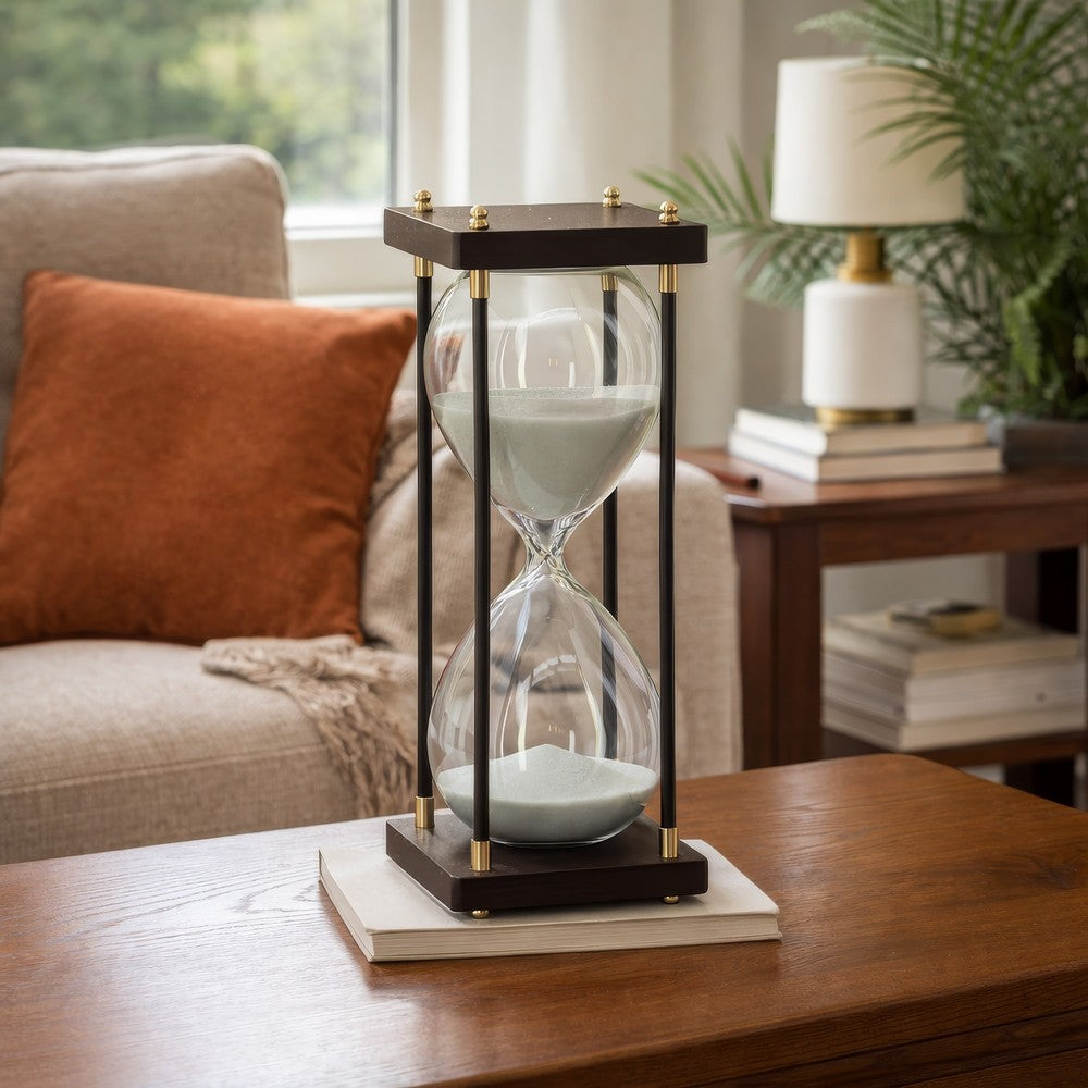 Judy Decorative Hourglass Timer | Brown Wood & Black Iron Rods | Glass 12"