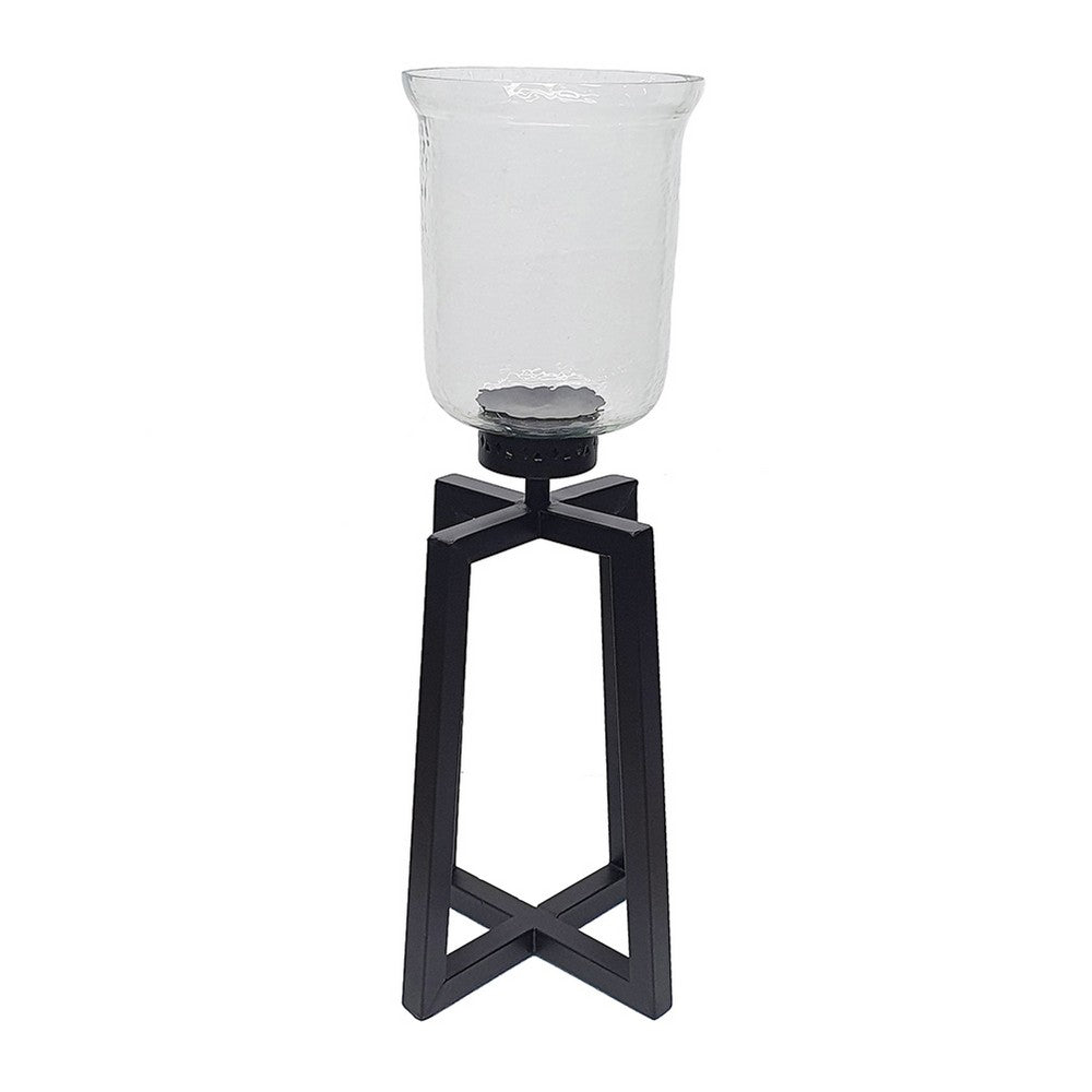 Cole Large Candle Holder | Open Crossed Black Iron Frame | Clear Glass 23"