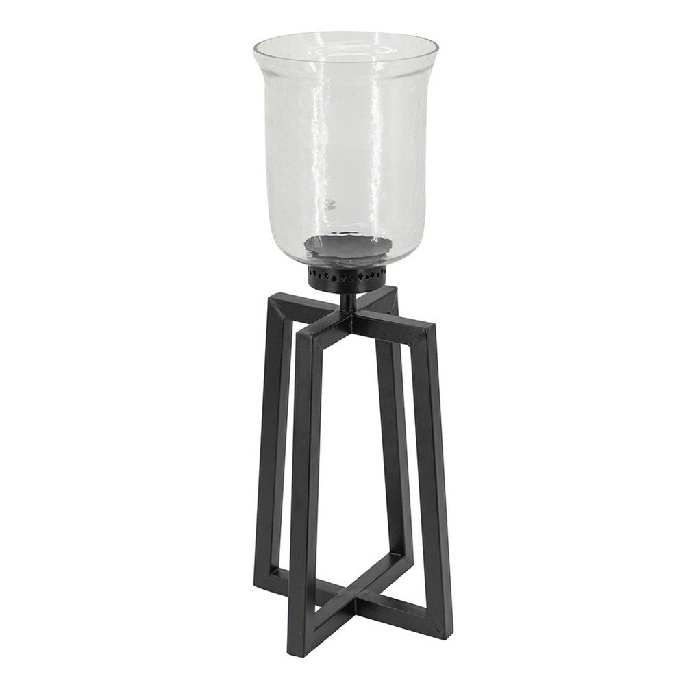 Cole Large Candle Holder | Open Crossed Black Iron Frame | Clear Glass 23"
