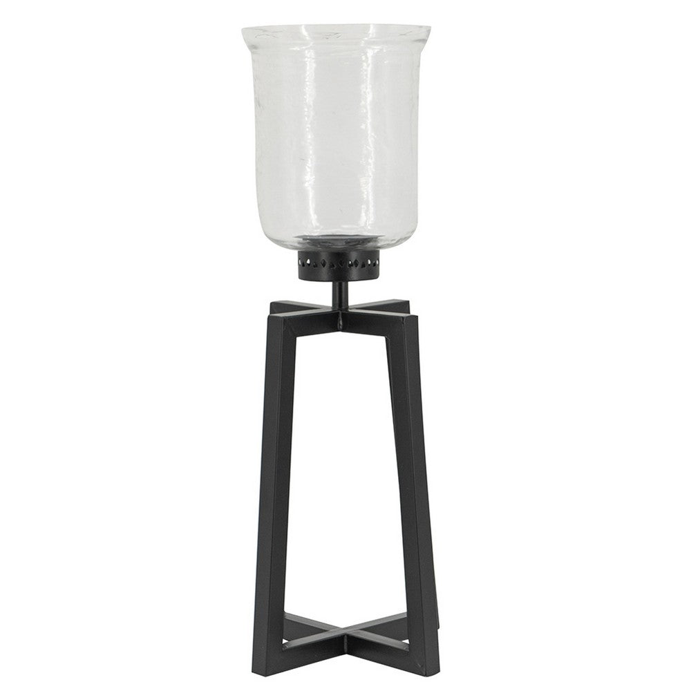 Cole Large Candle Holder | Open Crossed Black Iron Frame | Clear Glass 23"