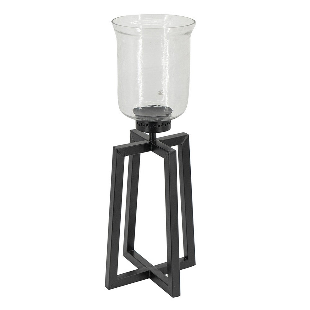 Cole Large Candle Holder | Open Crossed Black Iron Frame | Clear Glass 23"