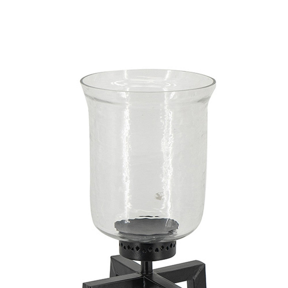 Cole Large Candle Holder | Open Crossed Black Iron Frame | Clear Glass 23"