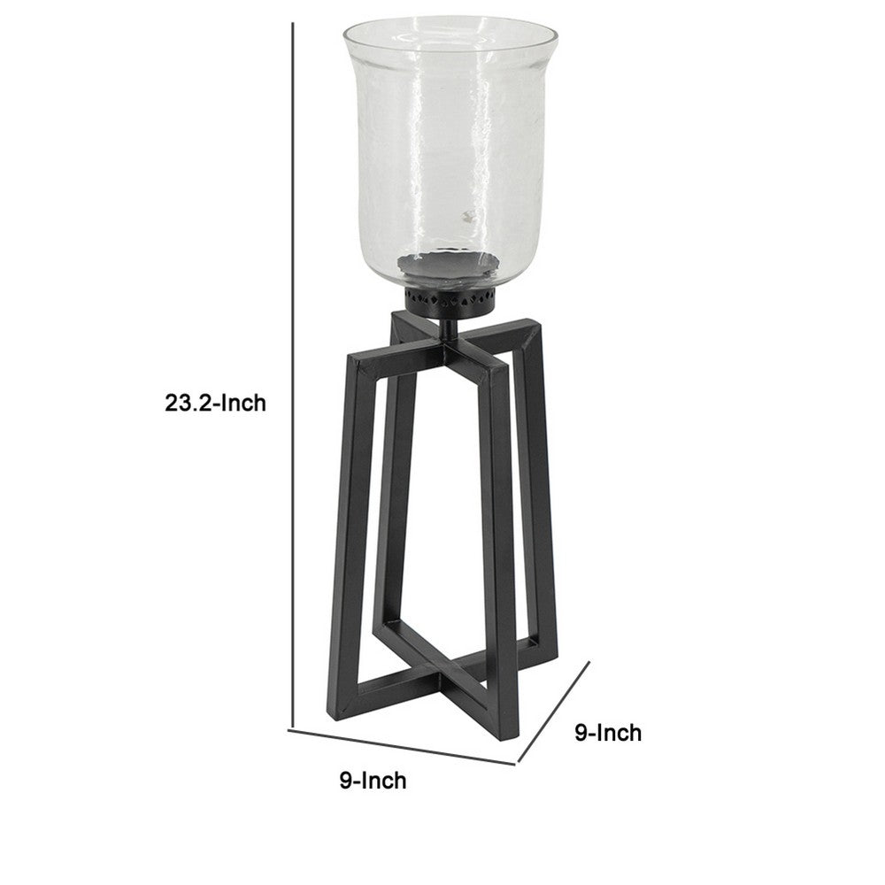 Cole Large Candle Holder | Open Crossed Black Iron Frame | Clear Glass 23"