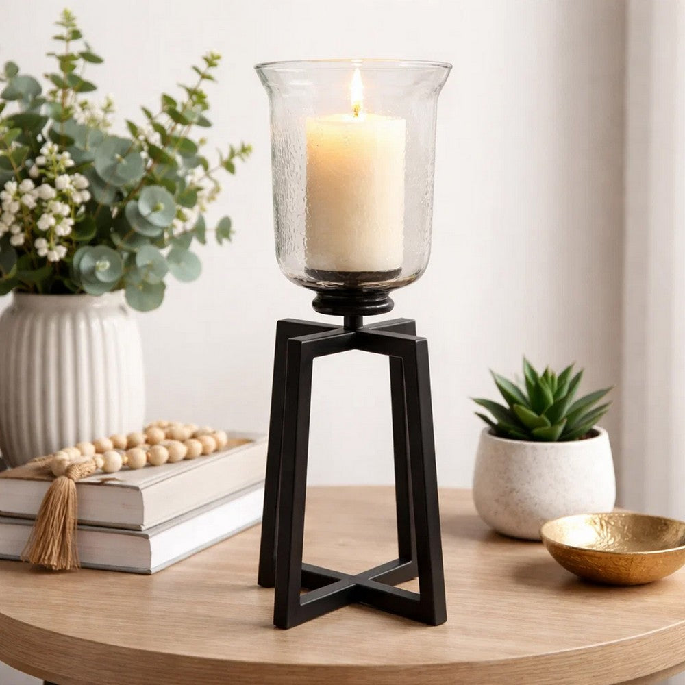 Cole Large Candle Holder | Open Crossed Black Iron Frame | Clear Glass 23"