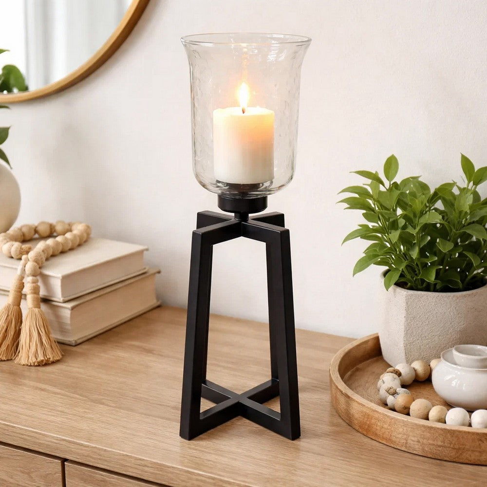 Cole Large Candle Holder | Open Crossed Black Iron Frame | Clear Glass 23"