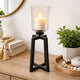Cole Large Candle Holder | Open Crossed Black Iron Frame | Clear Glass 23"
