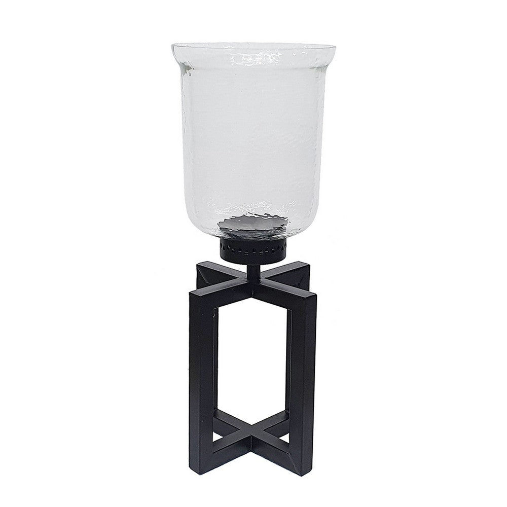 Cole Small Candle Holder | Open X Frame | Black Iron | Clear Glass 19"
