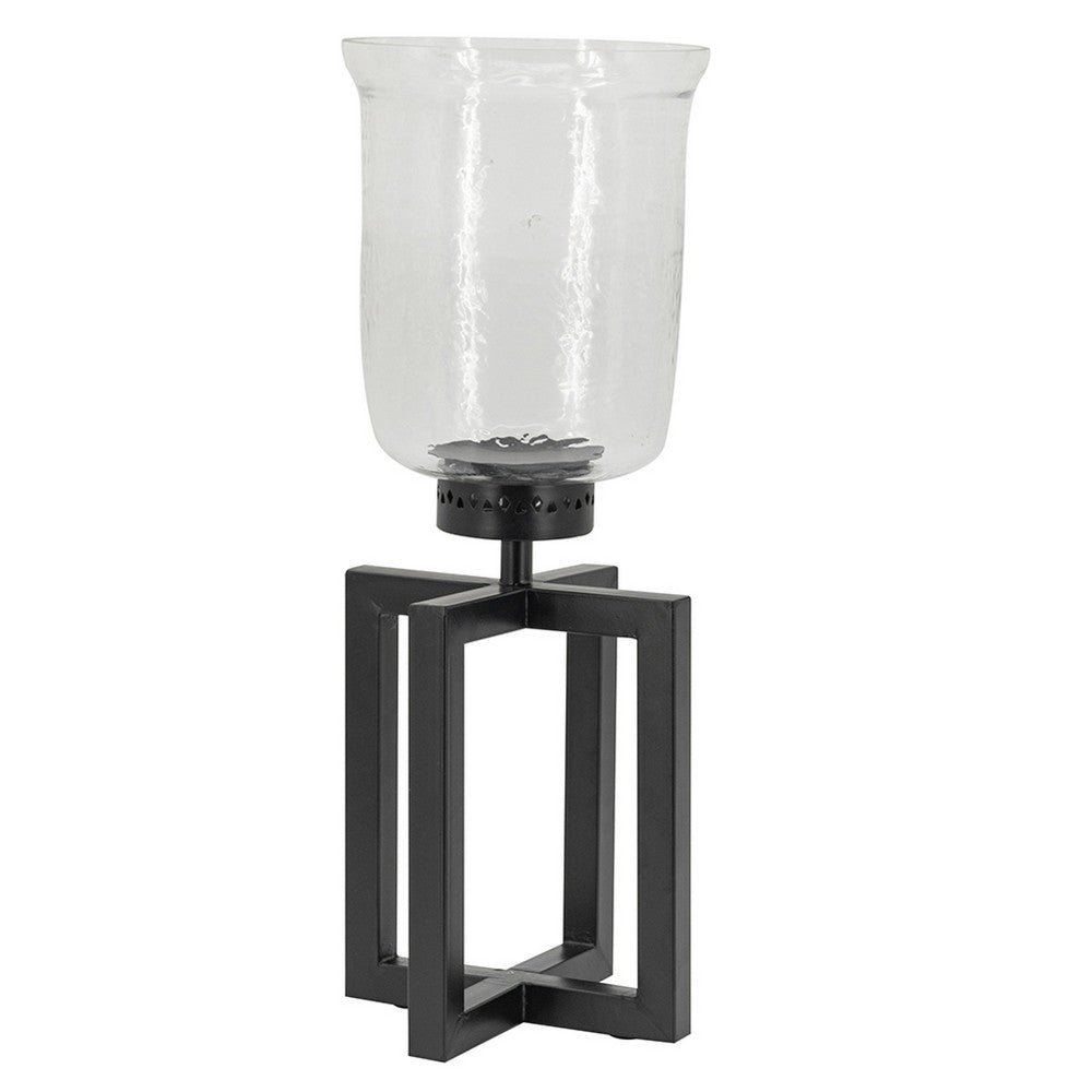 Cole Small Candle Holder | Open X Frame | Black Iron | Clear Glass 19"