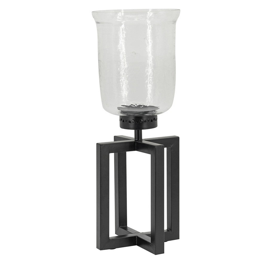 Cole Small Candle Holder | Open X Frame | Black Iron | Clear Glass 19"