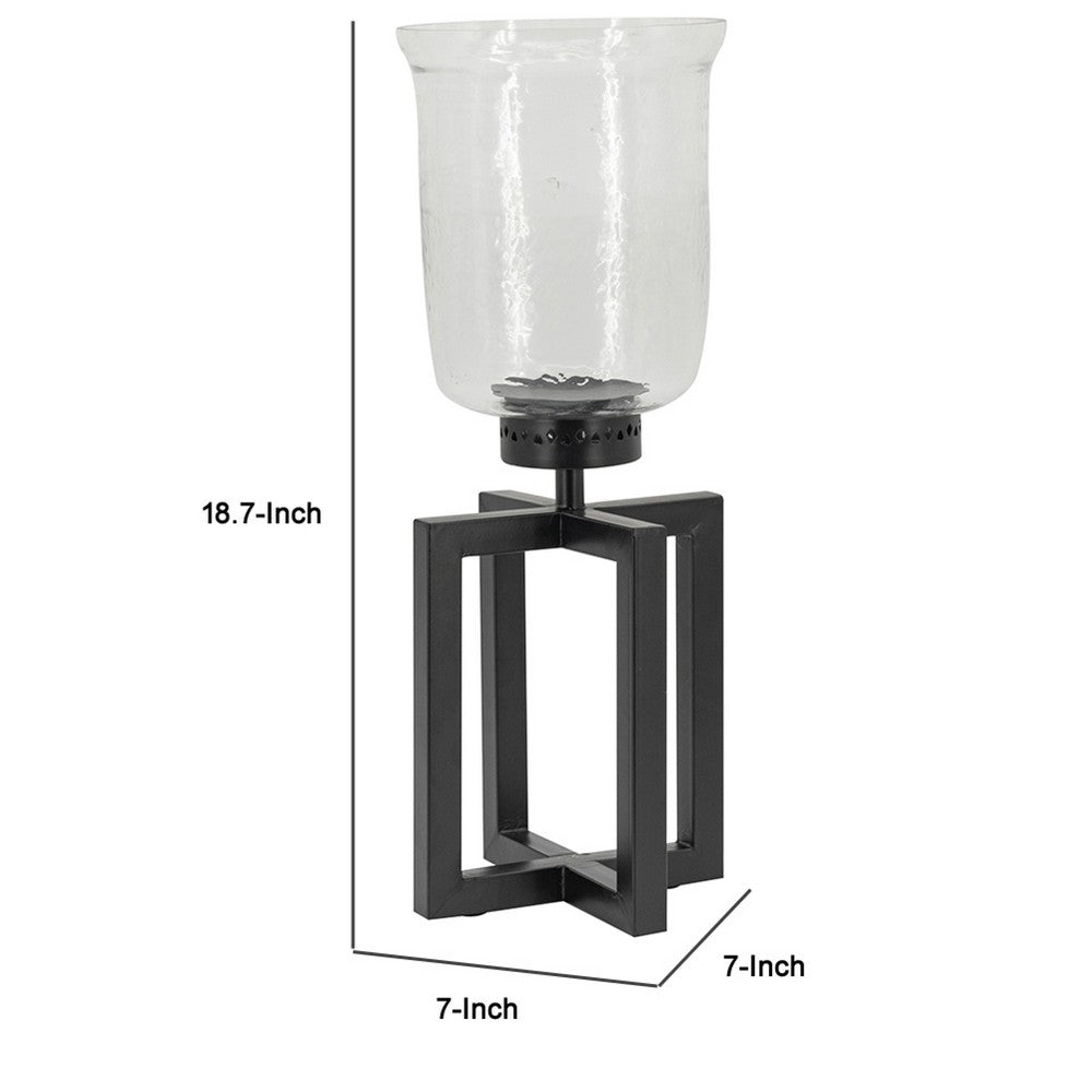 Cole Small Candle Holder | Open X Frame | Black Iron | Clear Glass 19"