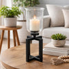 Cole Small Candle Holder | Open X Frame | Black Iron | Clear Glass 19"
