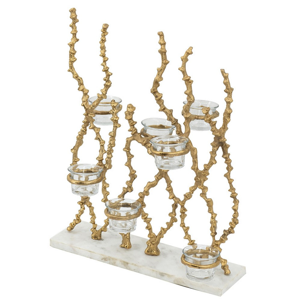 Betty Tea Candle Holder | Gold Branch Design | Glass | White Marble | 18"
