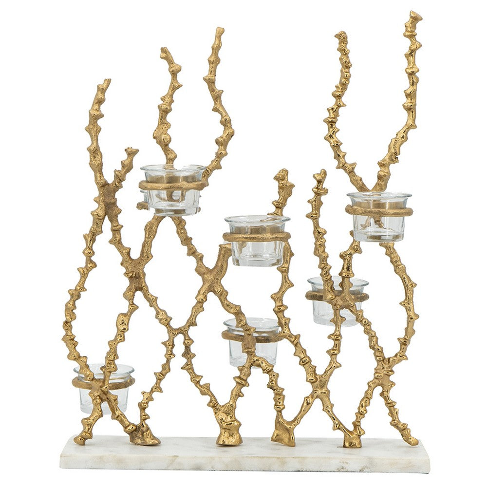 Betty Tea Candle Holder | Gold Branch Design | Glass | White Marble | 18"