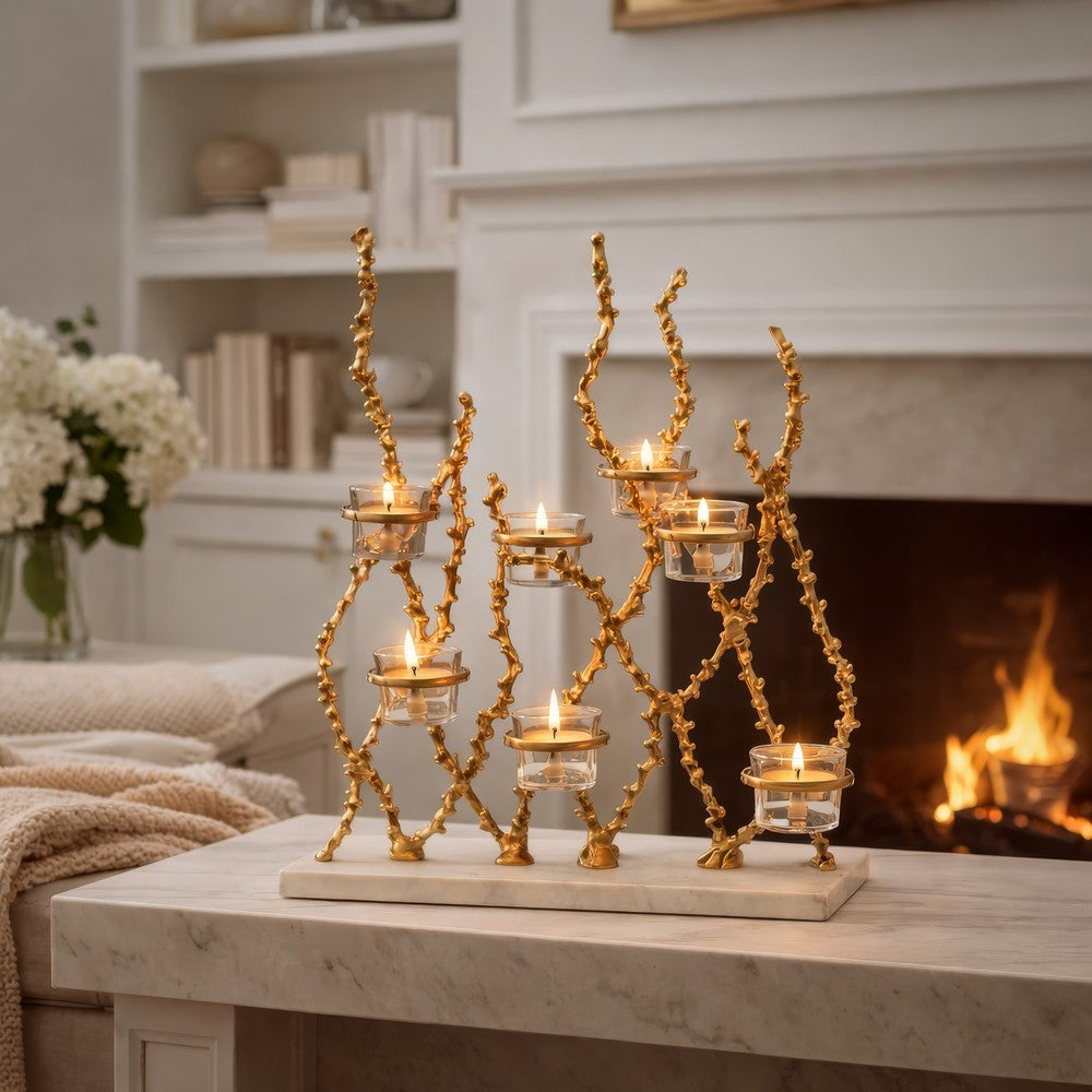 Betty Tea Candle Holder | Gold Branch Design | Glass | White Marble | 18"