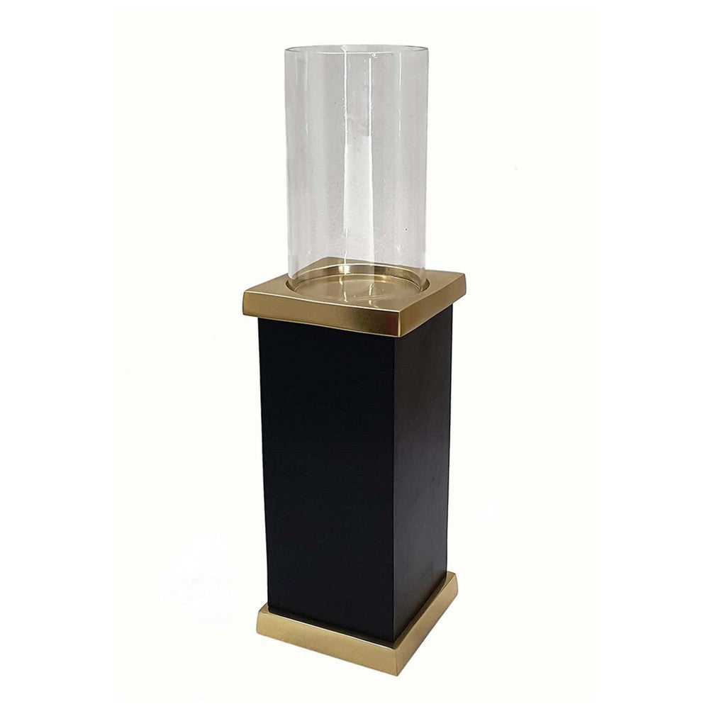 Oshy Hurricane Candle Holder | Gold Aluminum | Black Solid Mango Wood 16"