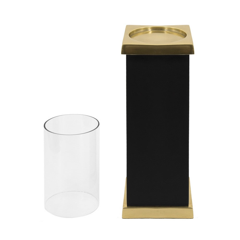 Oshy Hurricane Candle Holder | Gold Aluminum | Black Solid Mango Wood 16"
