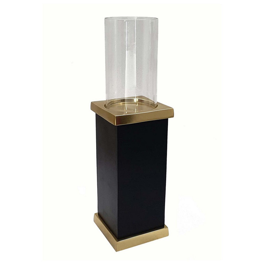 Oshy Hurricane Candle Holder | Gold Aluminum | Black Solid Mango Wood 16"