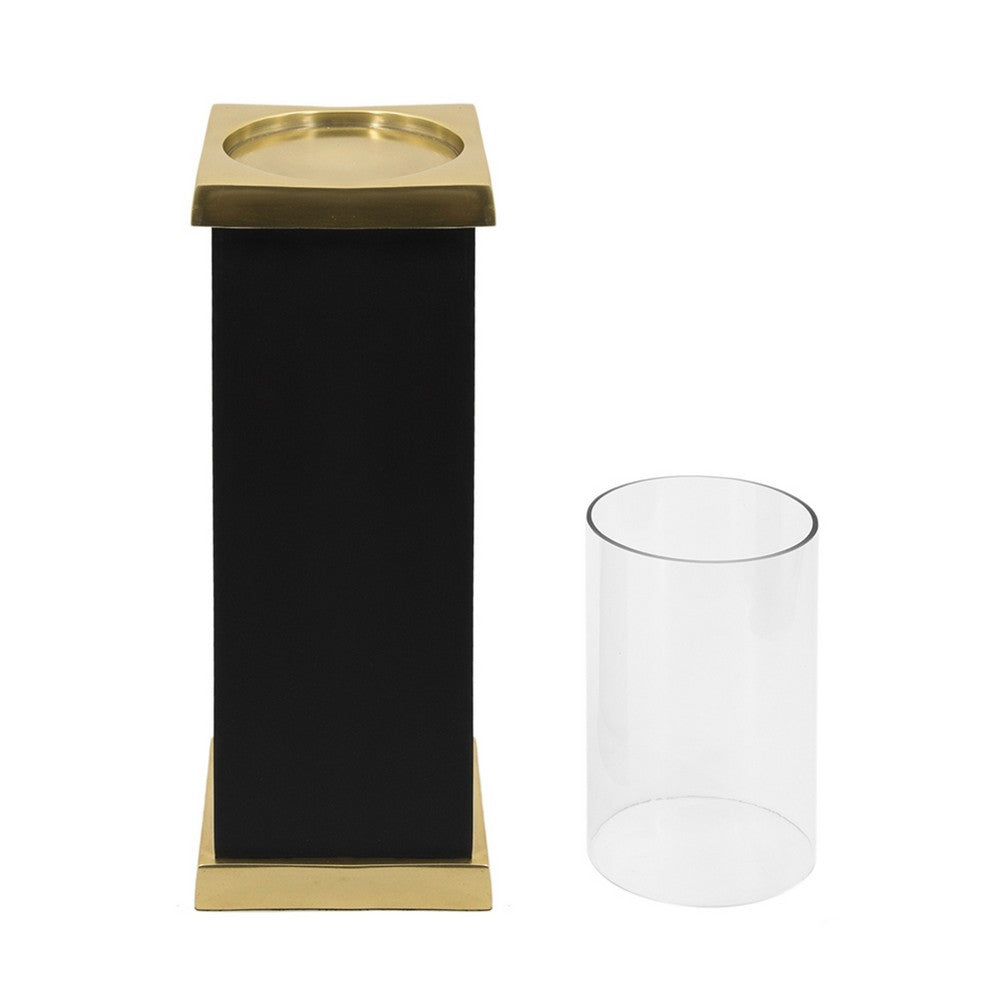 Oshy Hurricane Candle Holder | Gold Aluminum | Black Solid Mango Wood 16"