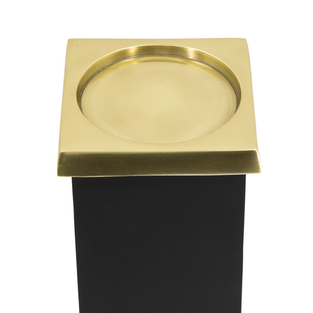 Oshy Hurricane Candle Holder | Gold Aluminum | Black Solid Mango Wood 16"