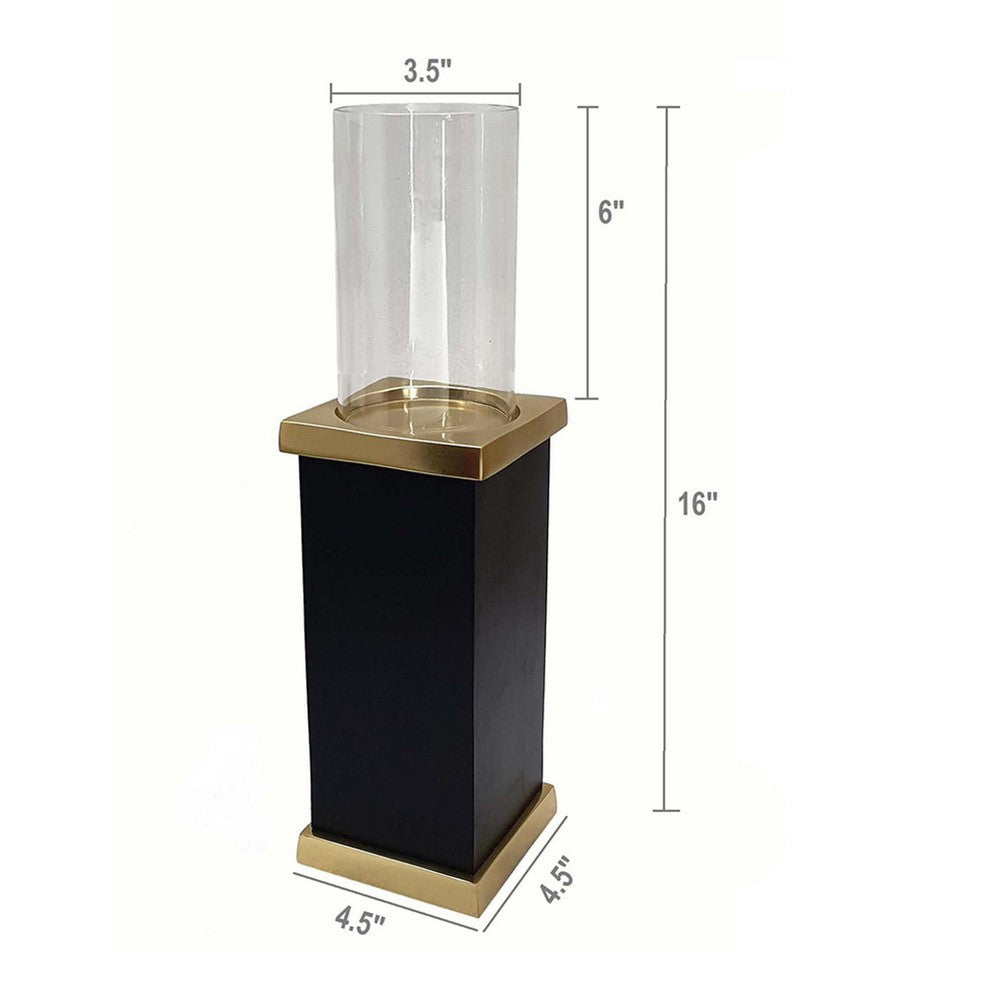 Oshy Hurricane Candle Holder | Gold Aluminum | Black Solid Mango Wood 16"