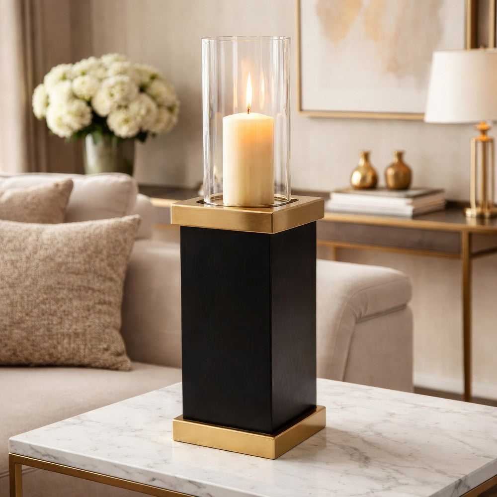 Oshy Hurricane Candle Holder | Gold Aluminum | Black Solid Mango Wood 16"