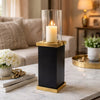 Oshy Hurricane Candle Holder | Gold Aluminum | Black Solid Mango Wood 16"
