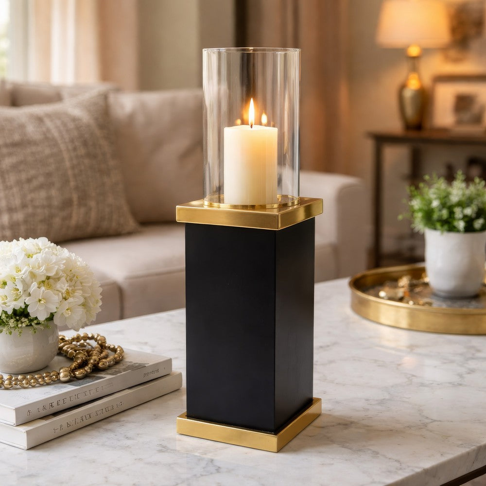 Oshy Hurricane Candle Holder | Gold Aluminum | Black Solid Mango Wood 16"