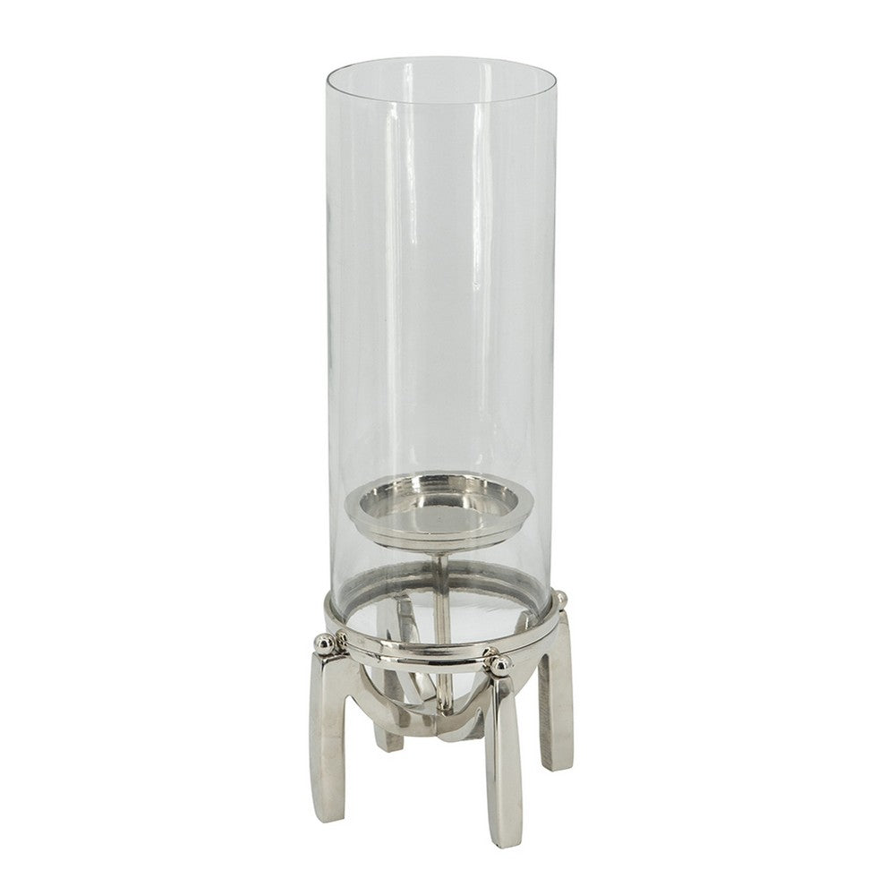 Rexy Hurricane Candle Holder | Minimalist Silver Legs | Clear Glass 16"