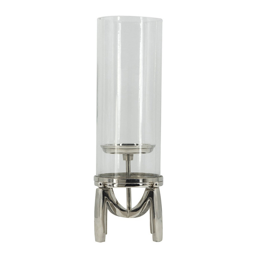 Rexy Hurricane Candle Holder | Minimalist Silver Legs | Clear Glass 16"