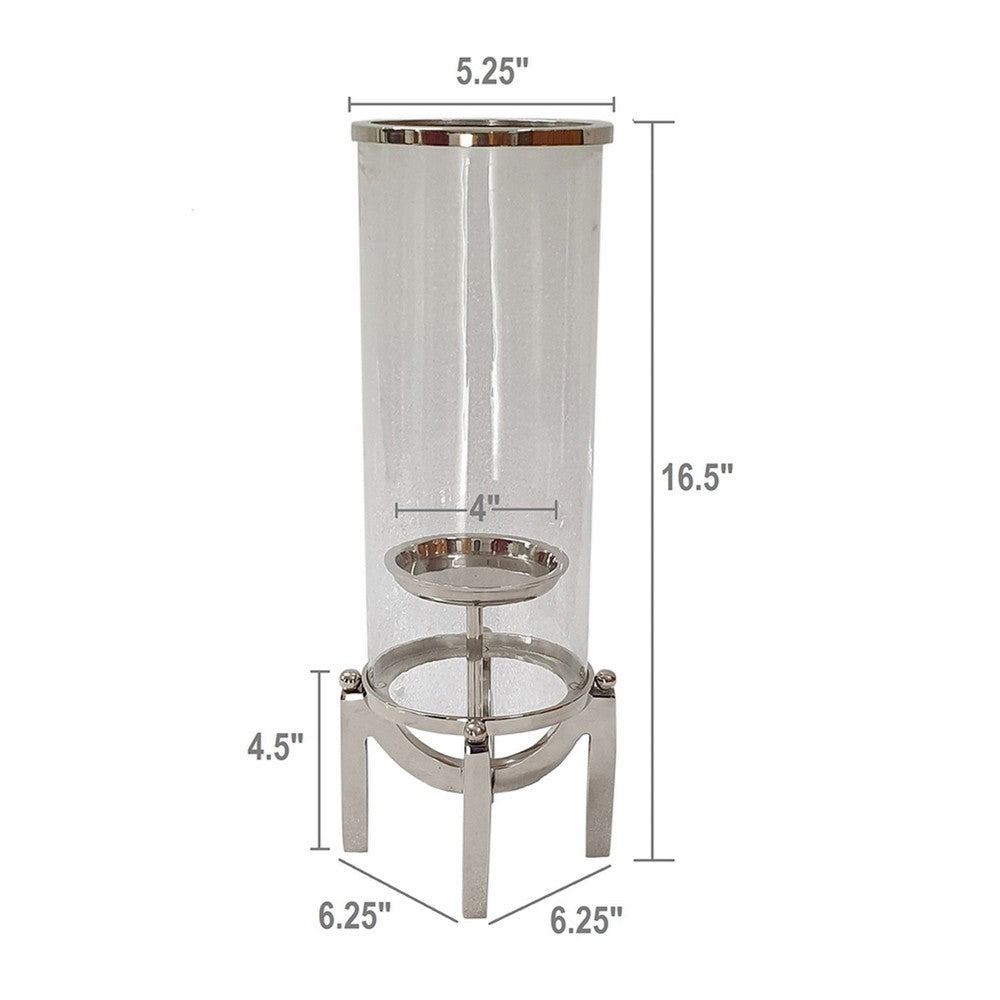 Rexy Hurricane Candle Holder | Minimalist Silver Legs | Clear Glass 16"