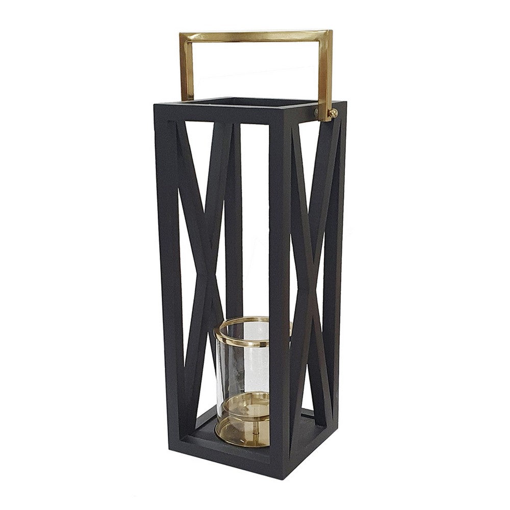 Xoro Lantern | Gold Aluminum | Farmhouse Side Panel | Black Mango Wood 25"