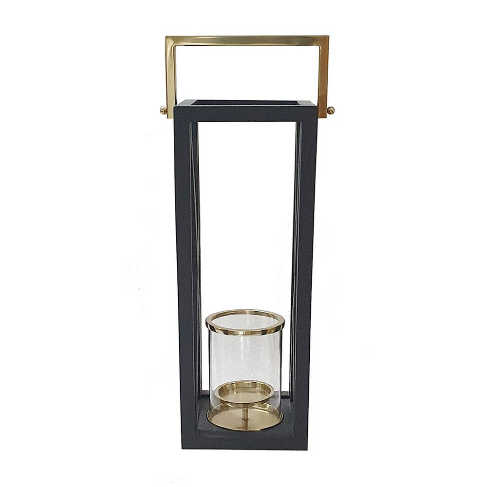Xoro Lantern | Gold Aluminum | Farmhouse Side Panel | Black Mango Wood 25"