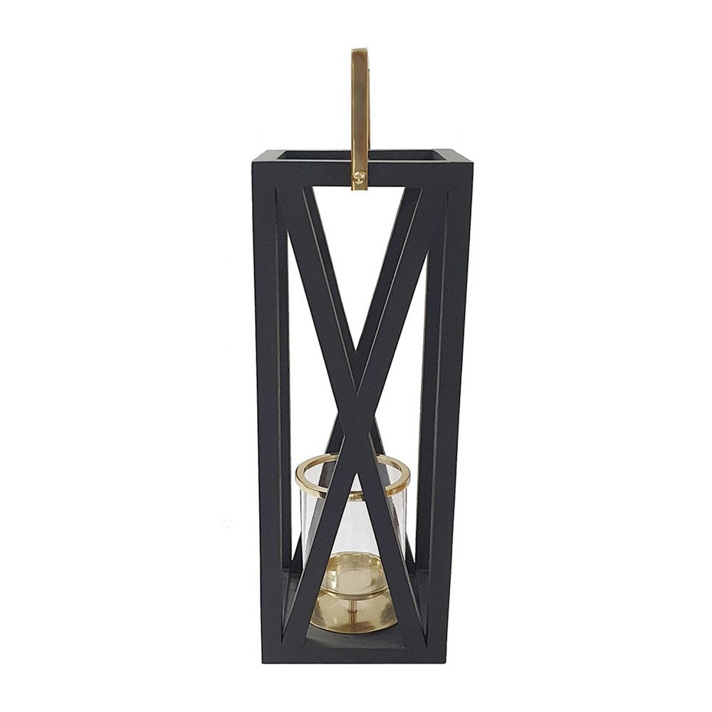 Xoro Lantern | Gold Aluminum | Farmhouse Side Panel | Black Mango Wood 25"