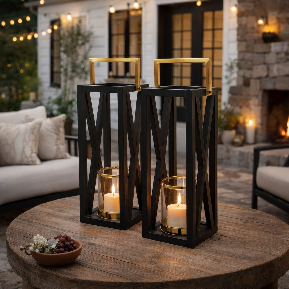 Xoro Lantern | Gold Aluminum | Farmhouse Side Panel | Black Mango Wood 25"