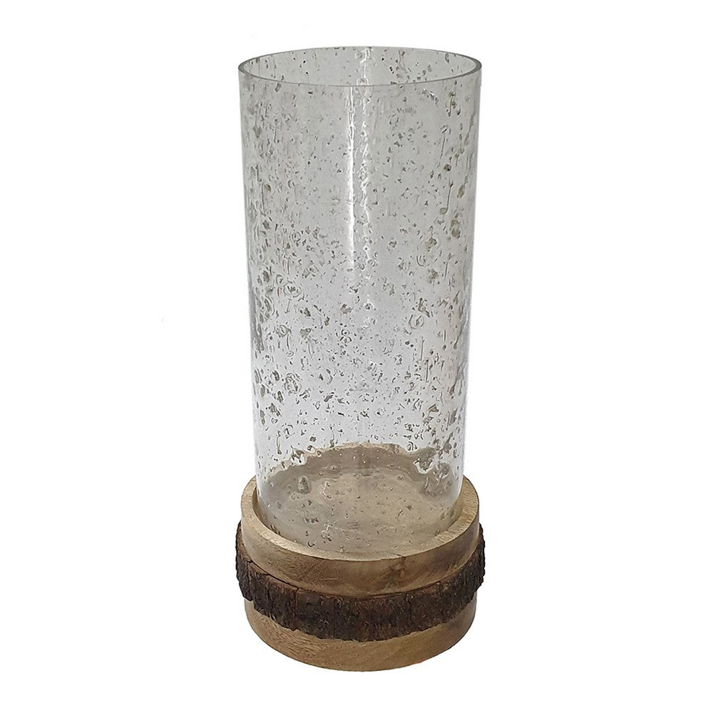 Zylo Decorative Vase | Transparent Cylindrical Glass | Brown Mango Wood 13"