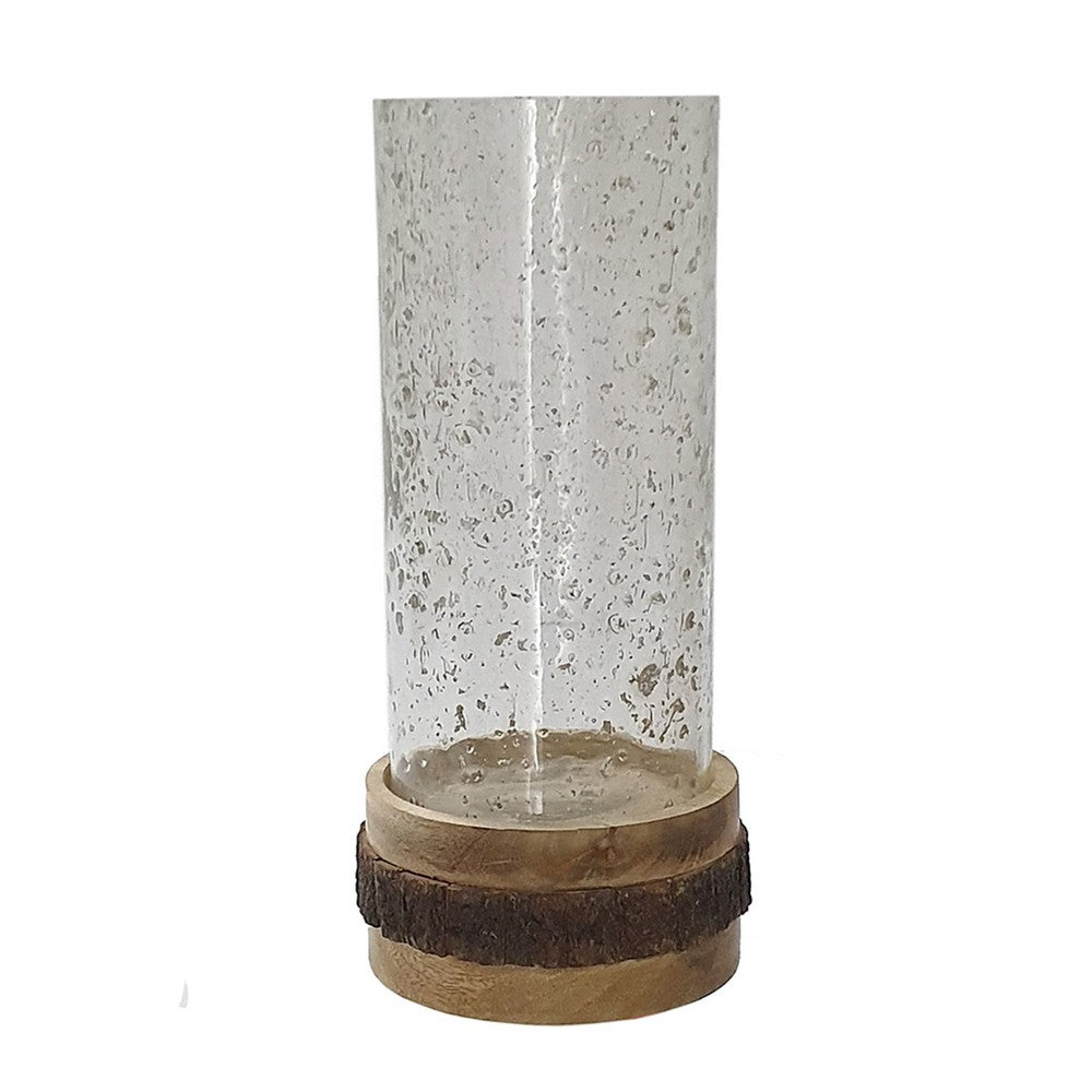 Zylo Decorative Vase | Transparent Cylindrical Glass | Brown Mango Wood 13"
