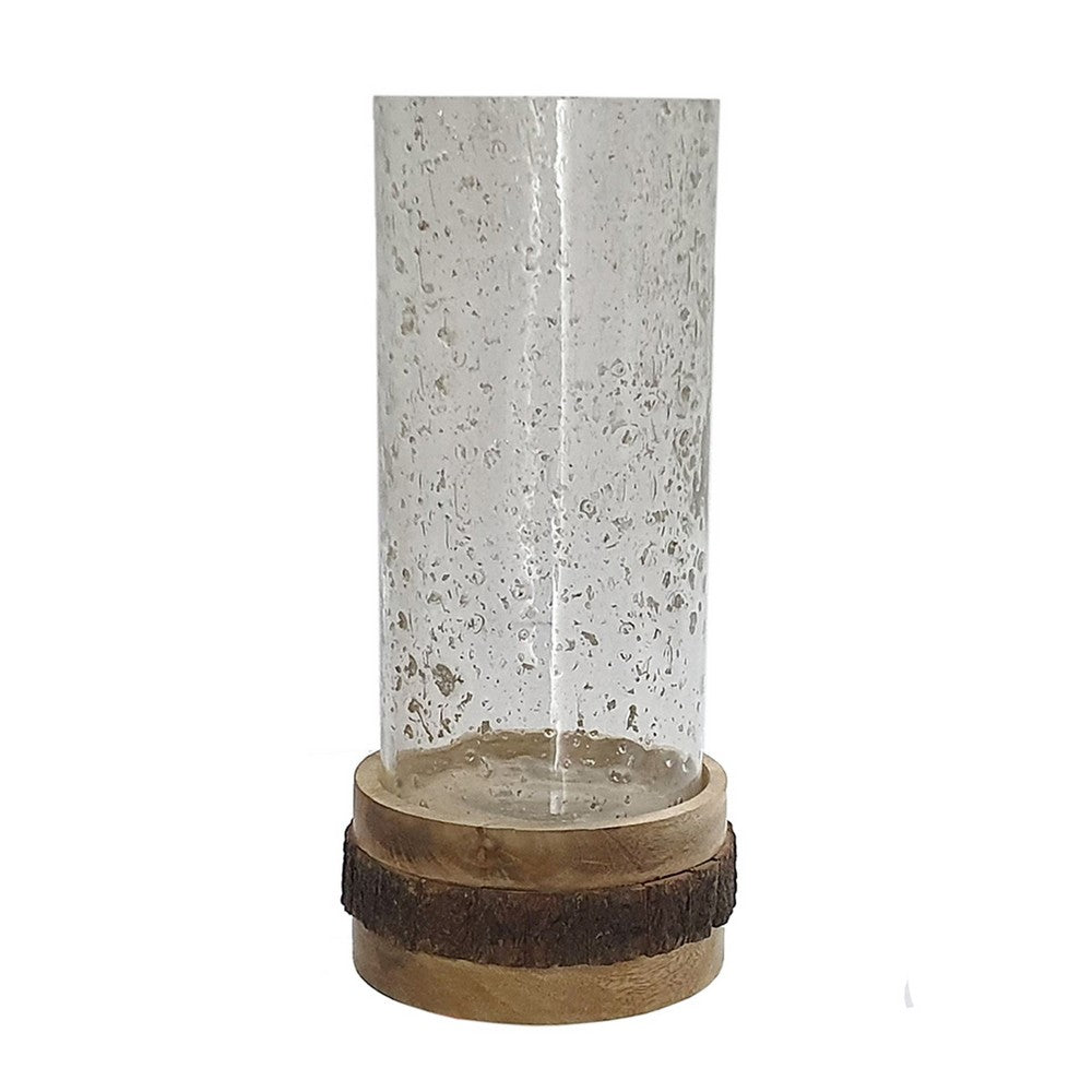 Zylo Decorative Vase | Transparent Cylindrical Glass | Brown Mango Wood 13"