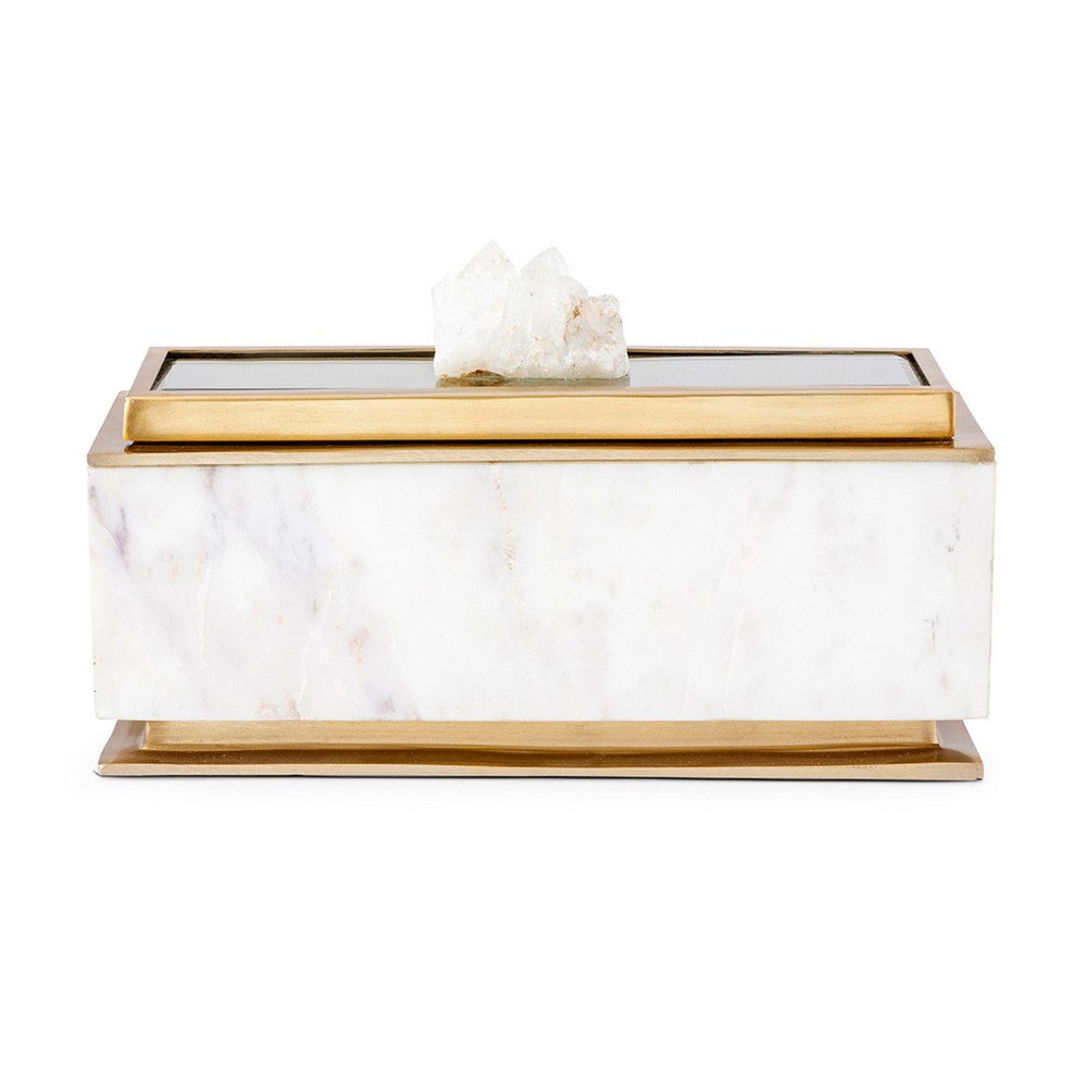 Plushy Decorative Box w Lid | White Marble | Gold Aluminum-Iron 14"
