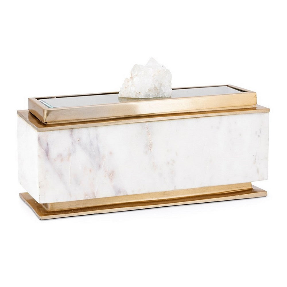 Plushy Decorative Box w Lid | White Marble | Gold Aluminum-Iron 14"