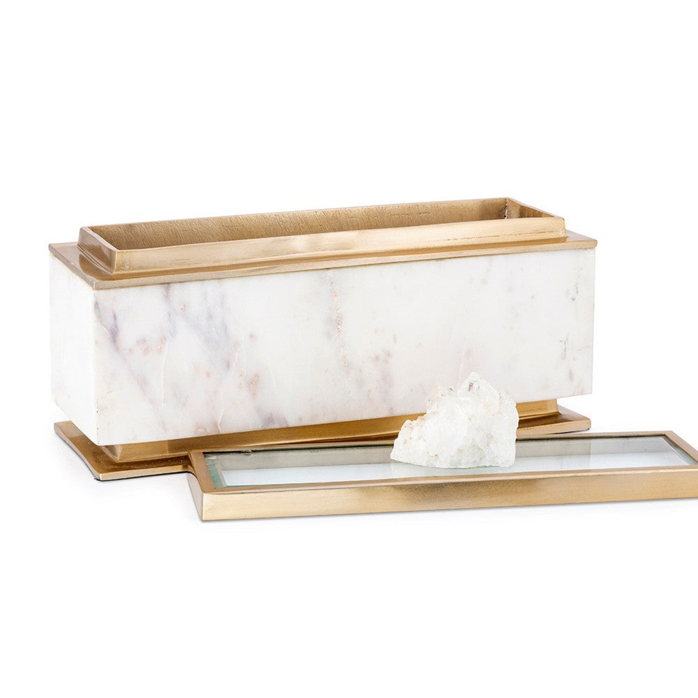 Plushy Decorative Box w Lid | White Marble | Gold Aluminum-Iron 14"