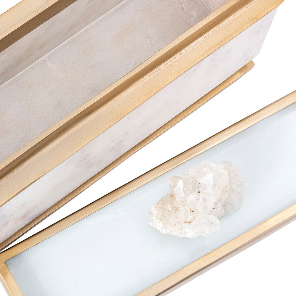 Plushy Decorative Box w Lid | White Marble | Gold Aluminum-Iron 14"