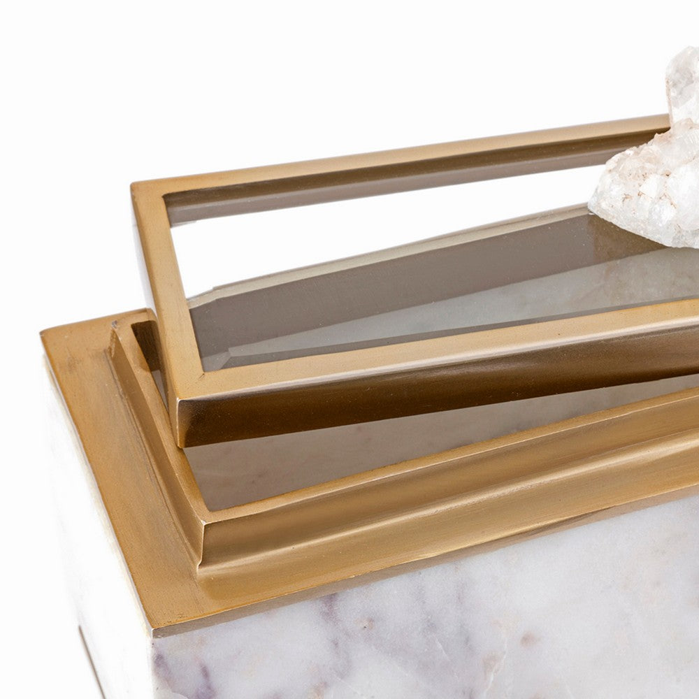 Plushy Decorative Box w Lid | White Marble | Gold Aluminum-Iron 14"