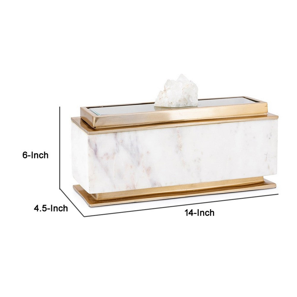 Plushy Decorative Box w Lid | White Marble | Gold Aluminum-Iron 14"