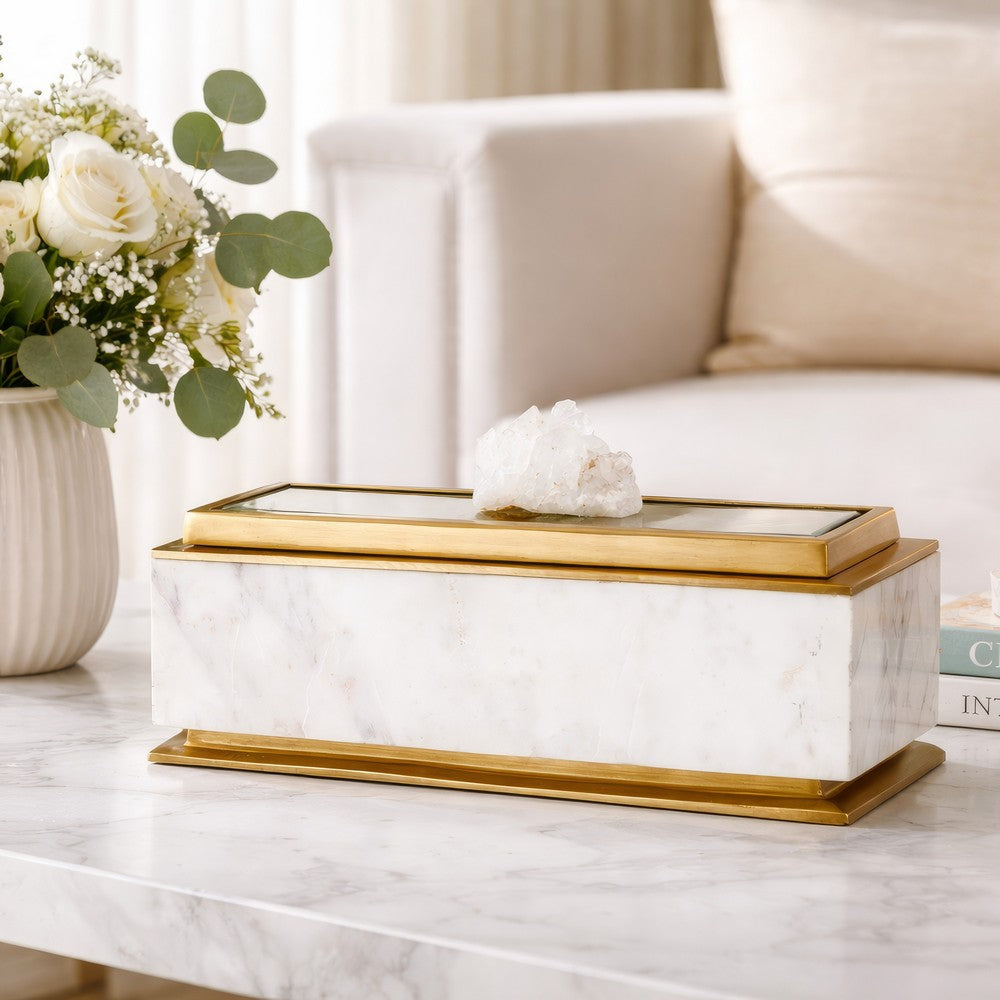 Plushy Decorative Box w Lid | White Marble | Gold Aluminum-Iron 14"