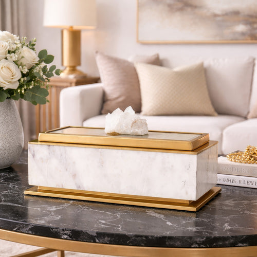 Plushy Decorative Box w Lid | White Marble | Gold Aluminum-Iron 14"