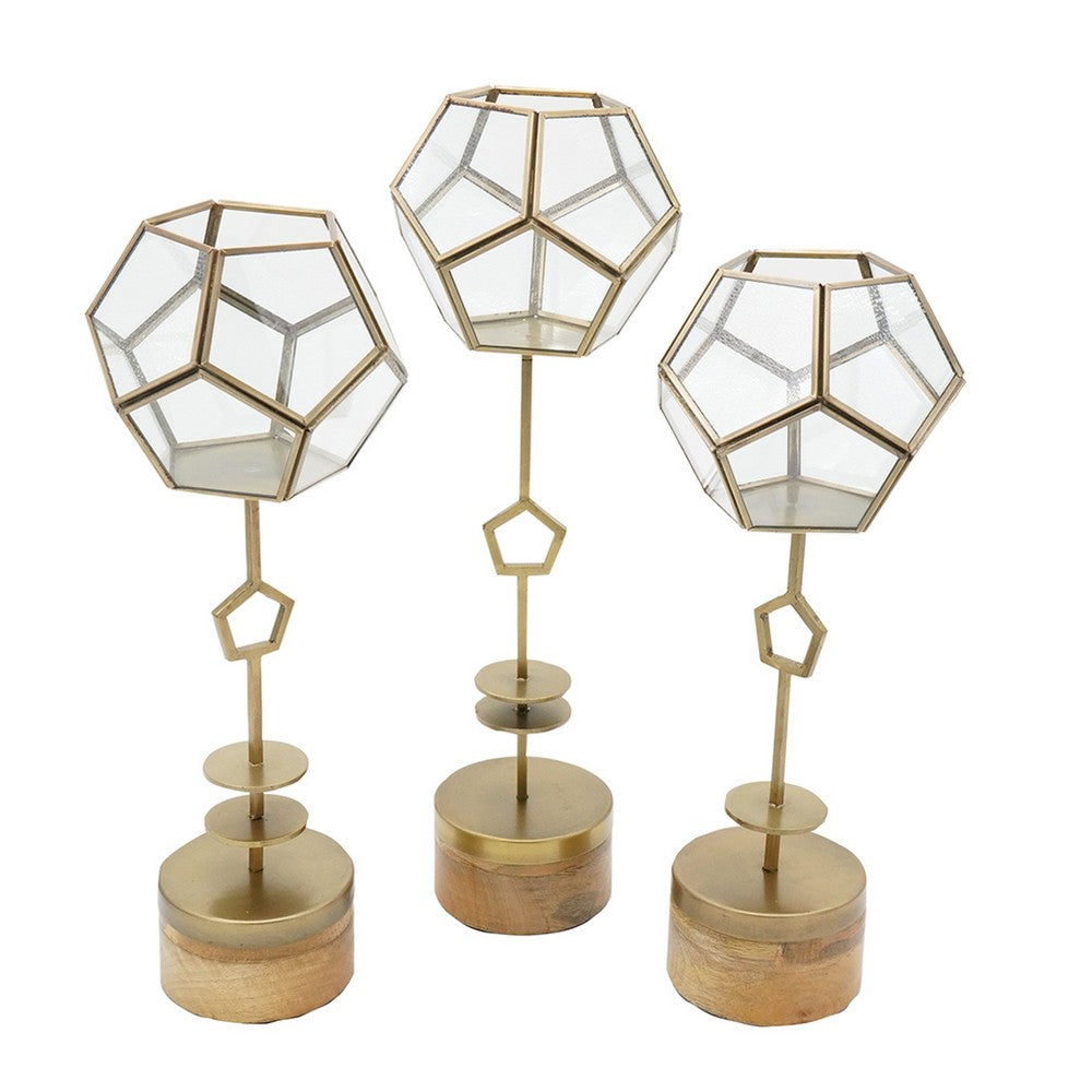Suzie Jada Terrarium Lantern Set of 3 | Bronze Iron | Mango Wood 15 17 19"