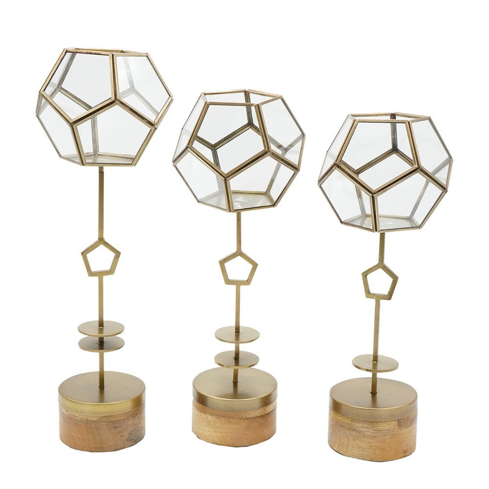 Suzie Jada Terrarium Lantern Set of 3 | Bronze Iron | Mango Wood 15 17 19"