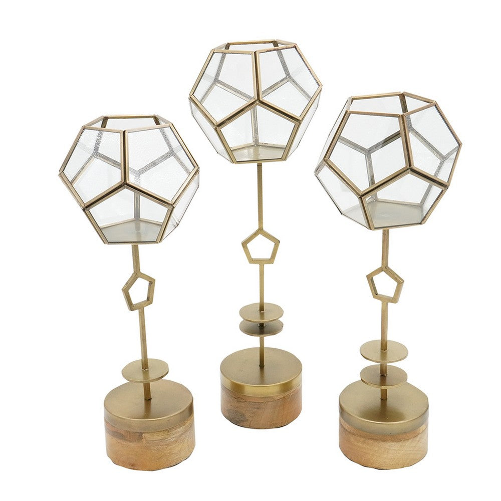 Suzie Jada Terrarium Lantern Set of 3 | Bronze Iron | Mango Wood 15 17 19"